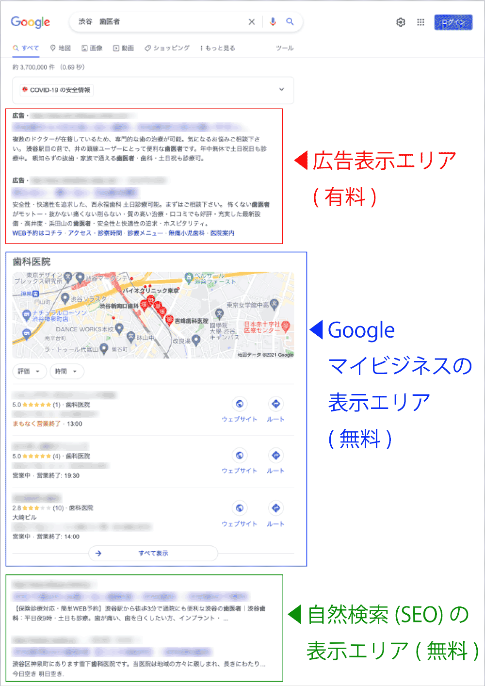 Googleマップ検索結果 表示場所